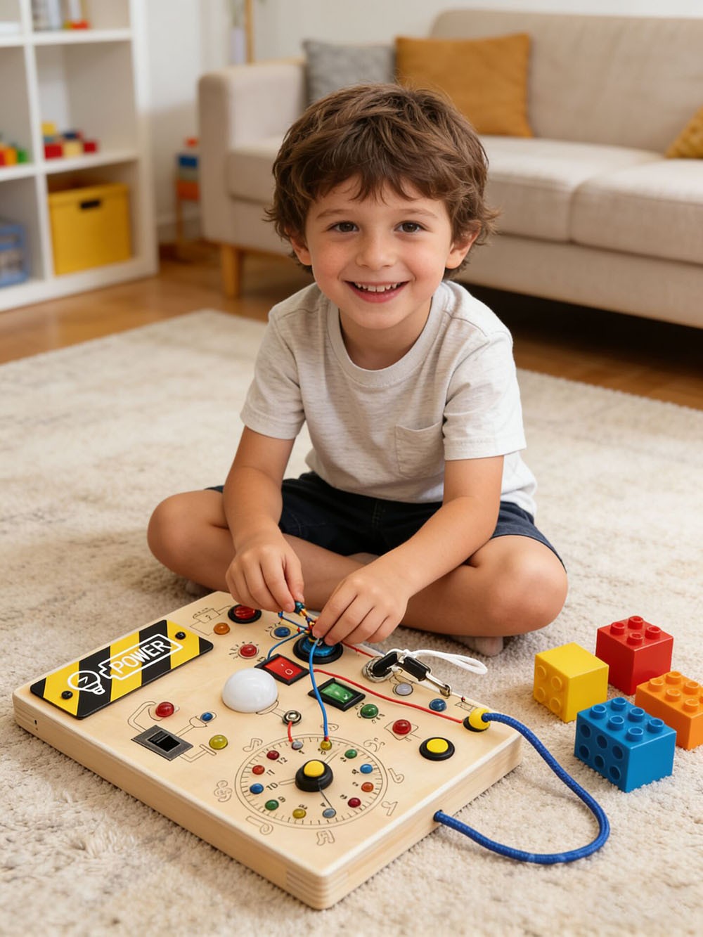 Child playing with a scientific exploration kit on the floor in a living room.