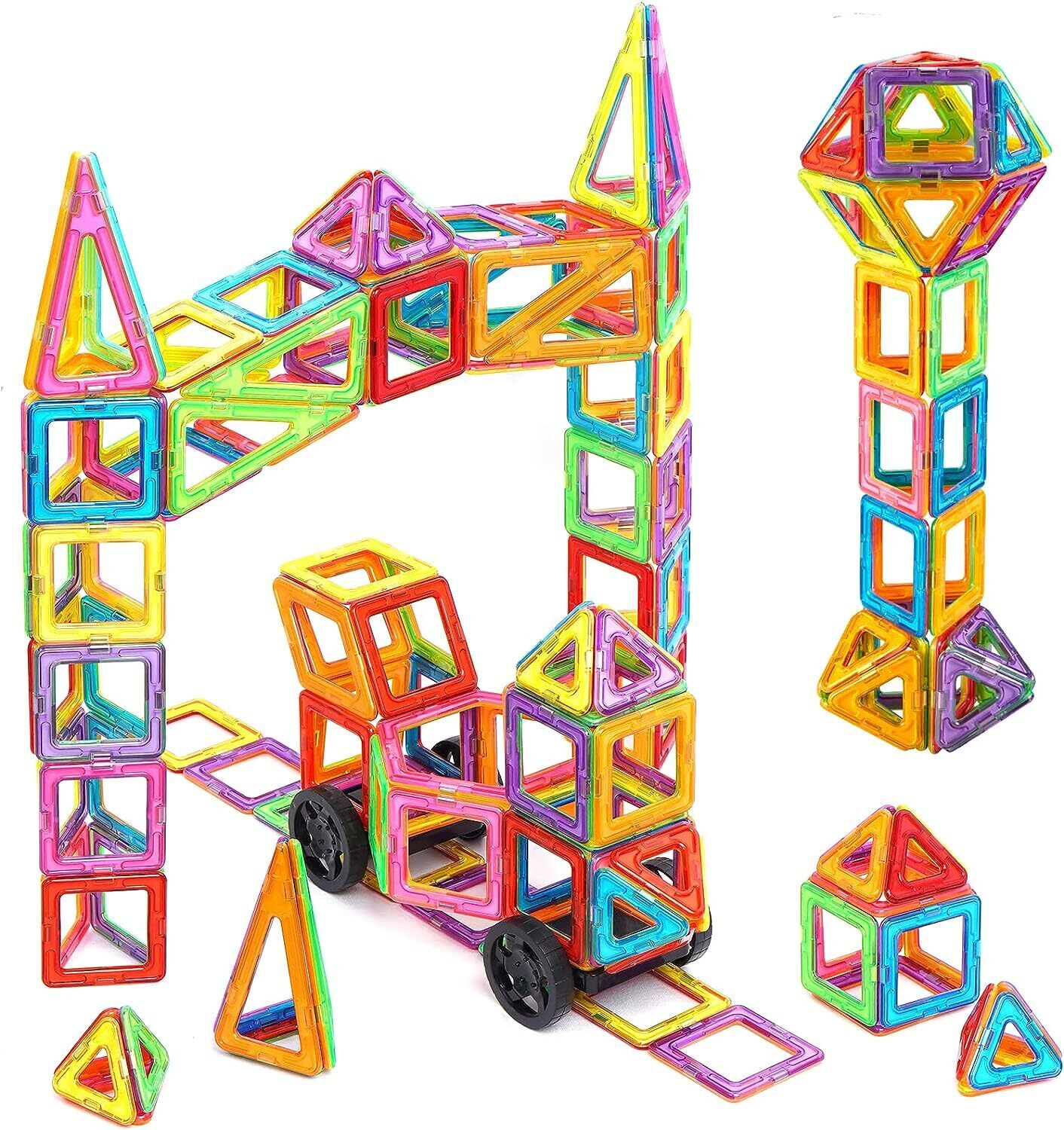 Colorful magnetic building blocks set on a white background