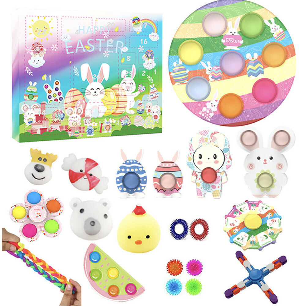 Assorted Easter-themed toys and a colorful Easter-themed book on a white background
