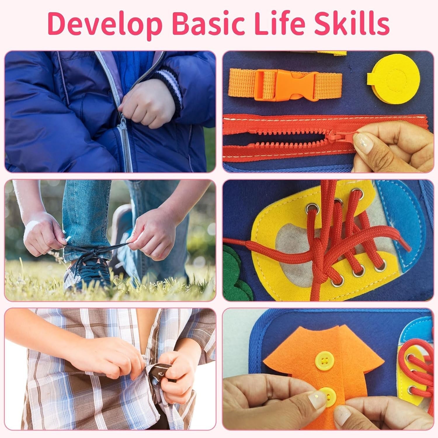 Collage of images showing activities to develop basic life skills including zipping, tying shoelaces, and buttoning.