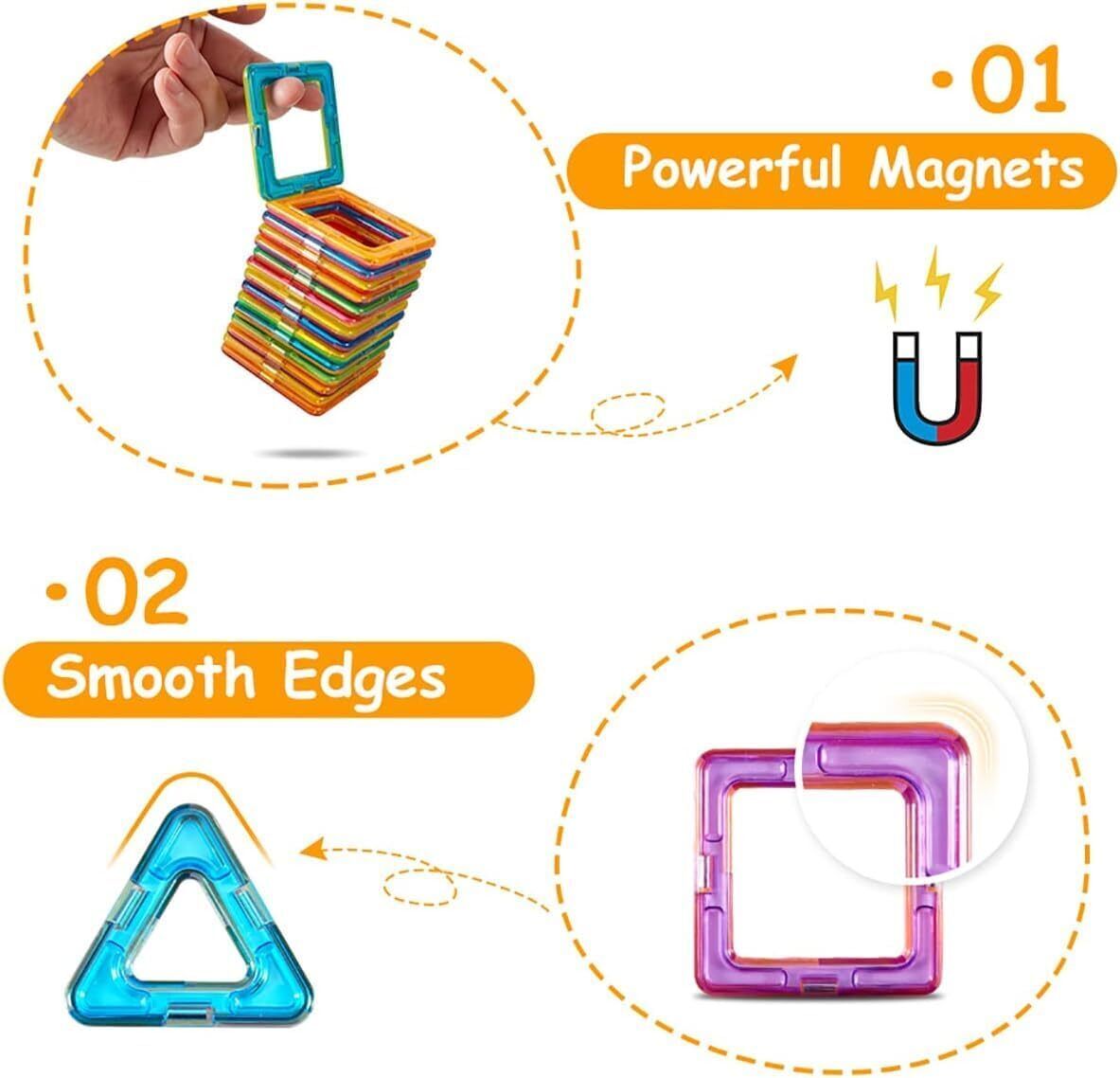 Colorful magnetic building blocks with text highlighting 'Powerful Magnets' and 'Smooth Edges'.