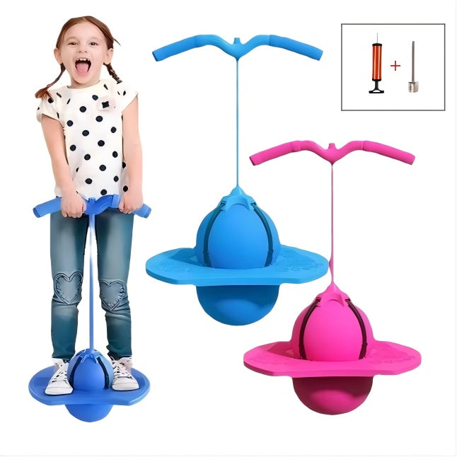 Child playing with a blue and pink balance toy, with an inset showing how to inflate it.