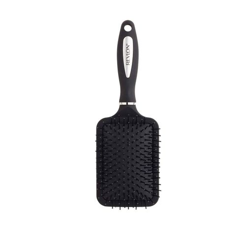 Black Revlon hairbrush on a white background