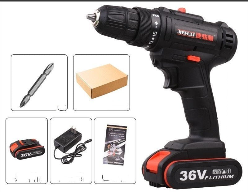 36V lithium-ion drill with accessories on a white background