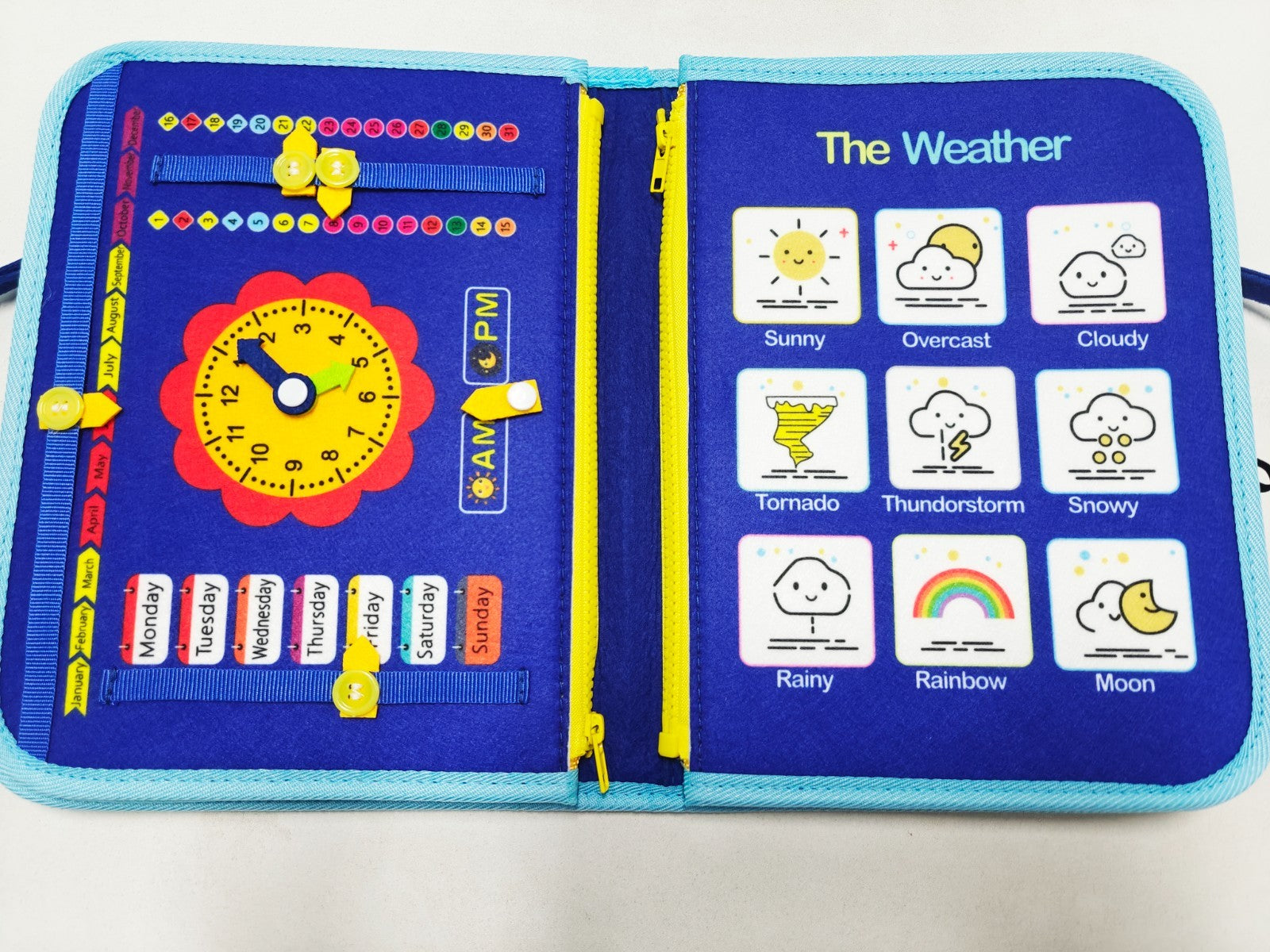 Educational book about weather with colorful illustrations on a white background