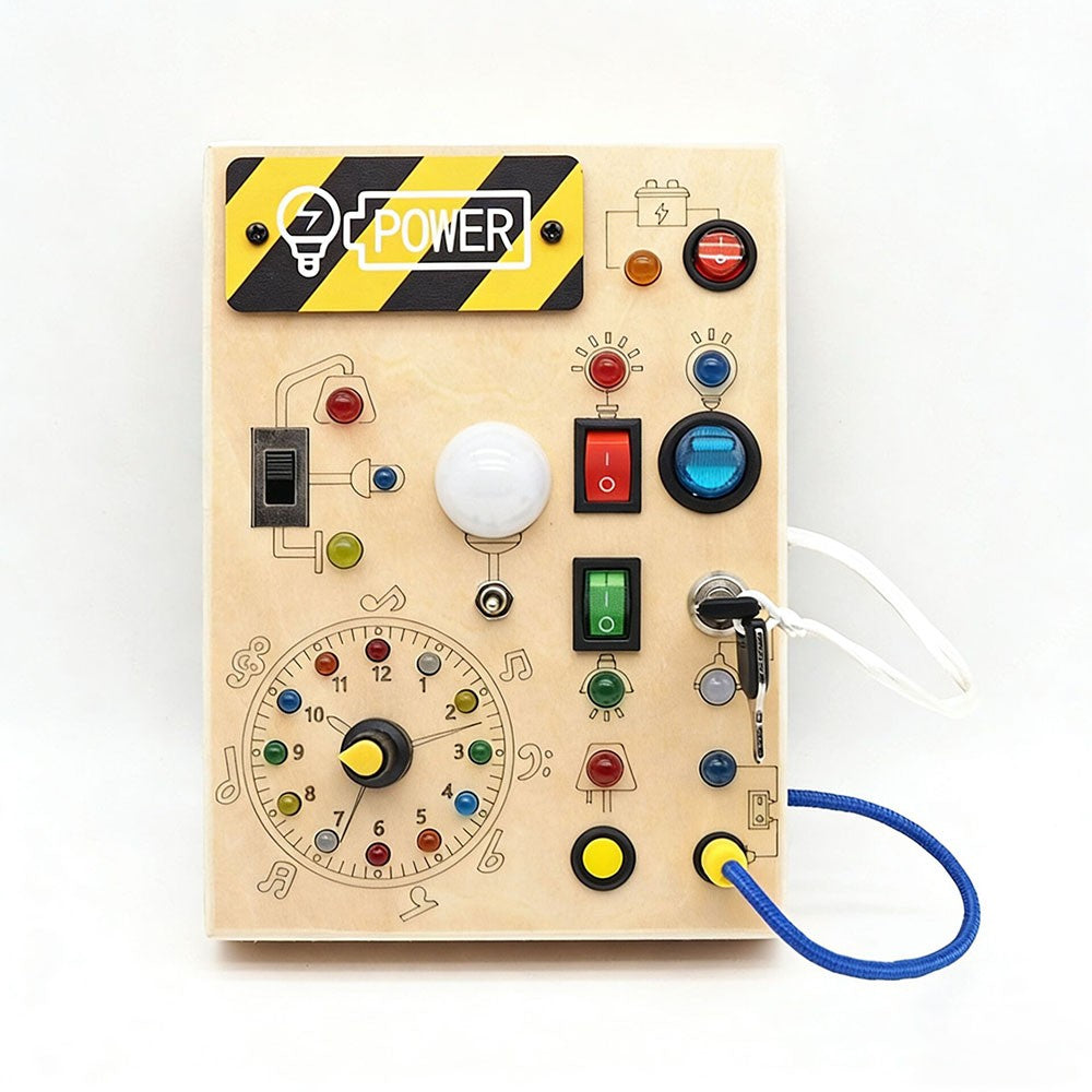 Wooden toy control panel with various buttons and a power sign on a white background
