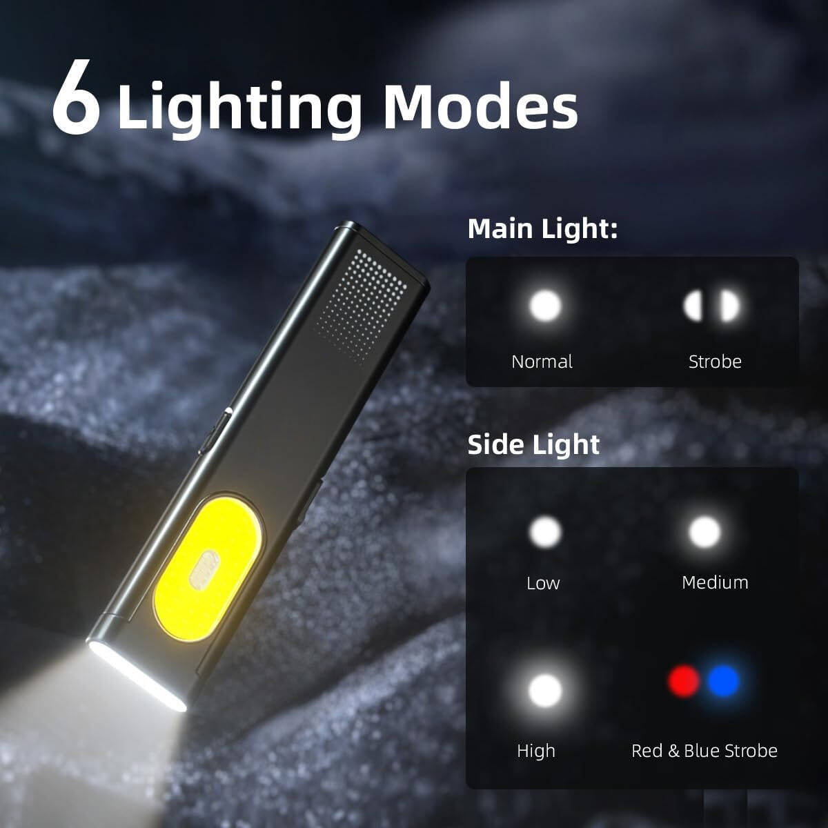 Flashlight with 6 lighting modes displayed on a dark background