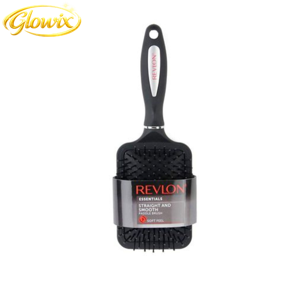 Revlon hairbrush on a white background with Glowix logo.